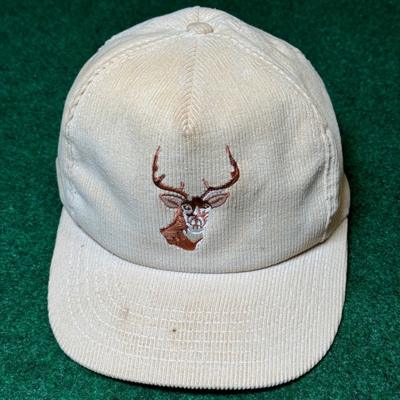 Vintage 80s 90s Corduroy Deer Elk Hunting Beige Snapback Cap Hat